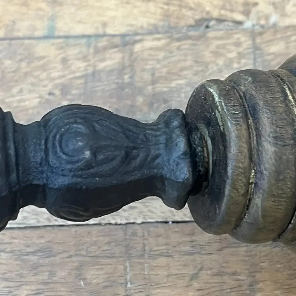 Antique Candle Holder Hand Carved Cast Iron and Wood 12.8